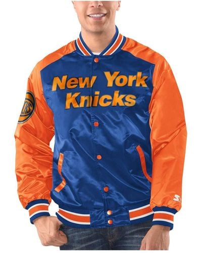 Starter Blue/orange New York Knicks Renegade Satin Full-snap Varsity Jacket