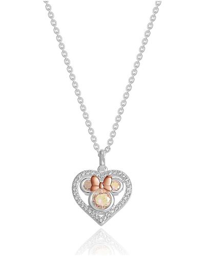 Disney Minnie Mouse Silver And Pink Gold Plated Cubic Zirconia Heart Necklace - White