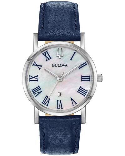 Bulova American Clipper Navy Leather Strap Watch 32mm - Blue