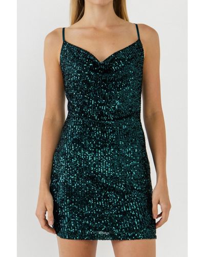 Endless Rose Cowl Neck Strappy Back Sequins Dress - Green