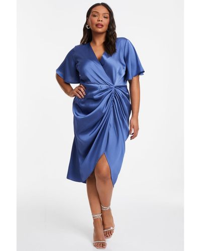 Quiz Plus Size Satin Wrap Ruched Midi Dress - Blue