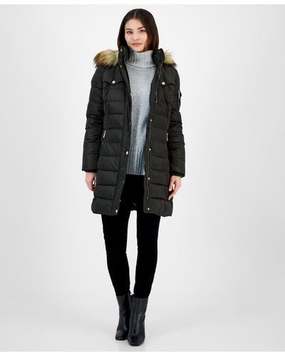 Michael Kors Petite Faux-fur-trim Hooded Puffer Coat, Created For Macy's - Black