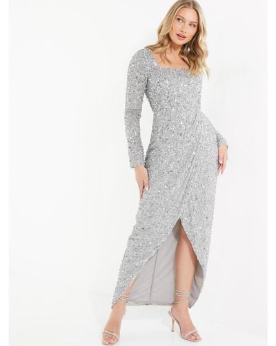 Quiz Long Sleeve Sequin Wrap Evening Dress - Gray