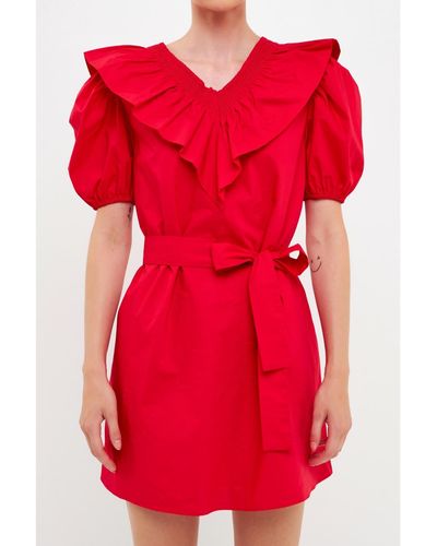 English Factory Smocked Ruffled Mini Dress - Red