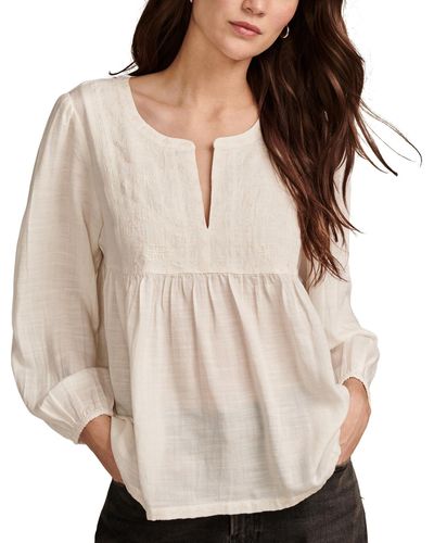Lucky Brand Split-neck Embroidered Peasant Top - Natural