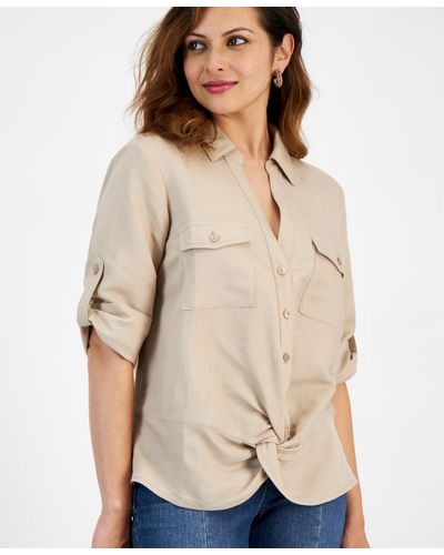 INC International Concepts Petite Linen-blend Twist-hem Shirt - Natural