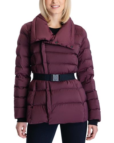 Michael Kors Stretch Asymmetrical Belted Packable Down Puffer Coat - Purple