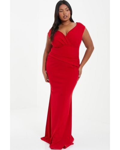 Quiz Plus Size Wrap Ruched Maxi Dress - Red