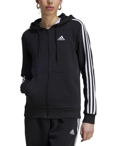 adidas 3-stripe Cotton Fleece Full-zip Hoodie Sweatshirt - Black