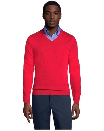 Lands' End School Uniform Cotton Modal Fine Gauge V-neck Sweater - Red