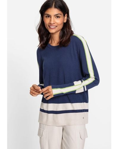 Olsen Long Sleeve Block Stripe Pullover Sweater - Blue