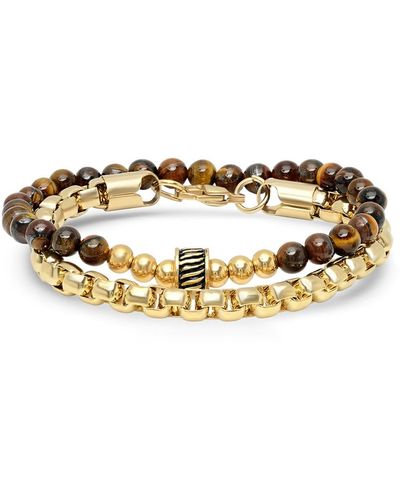Steeltime 2 Pieces 18k Stainless Steel Rounded Box Chain Bracelet And Tiger Eye Beaded Bracelet Set - Metallic