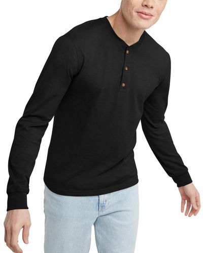 Hanes Originals Cotton Long Sleeve Henley T-shirt - Black