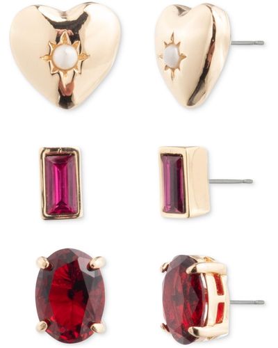 Lauren by Ralph Lauren Gold-tone 3-pc. Set Imitation Pearl Heart & Color Stone Stud Earrings - Red