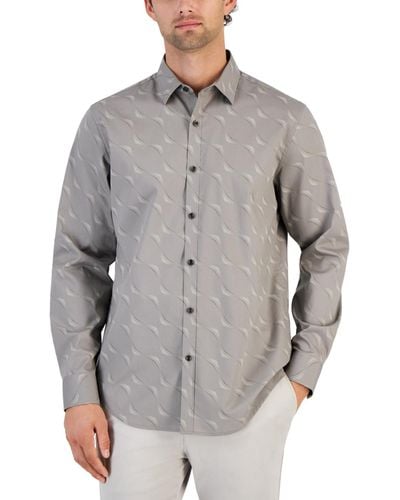 Alfani Dot Wave Print Long-sleeve Button-up Shirt - Gray