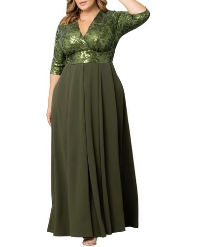 Kiyonna Plus Size Paris Pleated Sequin Gown - Green