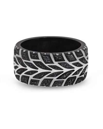 LuvMyJewelry Racer Swag Design Tire Tread Rhodium Plated Sterling Silver Diamond Ring - Black