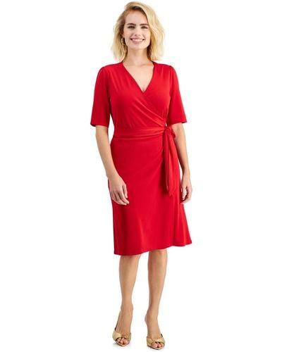 INC International Concepts Petite Elbow-sleeve Side-tie Dress - Red