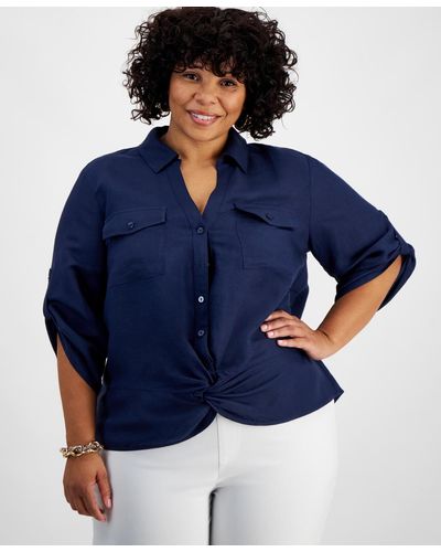 INC International Concepts Plus Size Linen Twist-hem Shirt - Blue