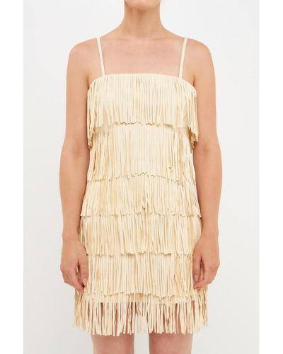 Endless Rose Suede Fringed Spaghetti Dress - Natural