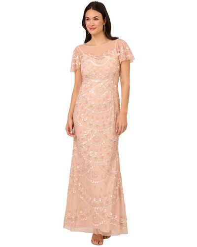 Adrianna Papell Bead Flutter-sleeve Sequin Gown - Pink