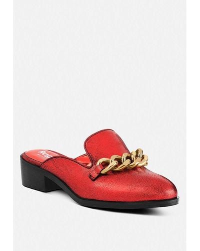 Rag & Co Aksa Chain Embellished Leather Mules - Red