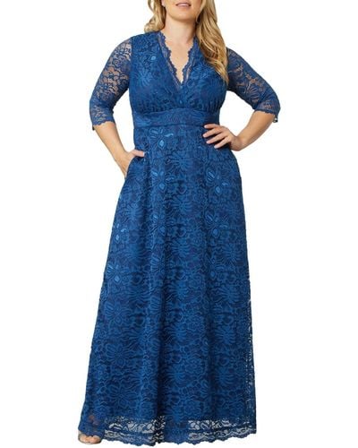 Kiyonna Plus Size Maria Lace Evening Gown - Blue
