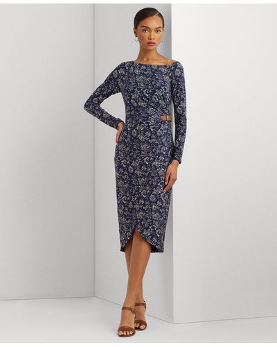 Lauren by Ralph Lauren Floral Buckle-trim Jersey Off-the-shoulder Dress - Blue