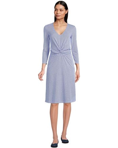 Lands' End Petite Lightweight Cotton Modal 3/4 Sleeve Fit And Flare V-neck Dress - Blue