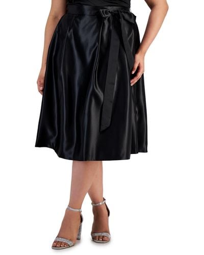 Alex Evenings Plus Size Belted Satin A-line Midi Skirt - Black