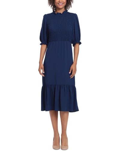 London Times Smocked-bodice Tiered Midi Dress - Blue