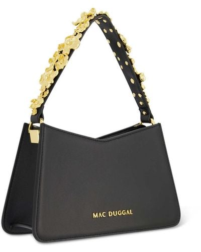 Mac Duggal Gold Floral Strap Nappa Leather Shoulder Bag - Black
