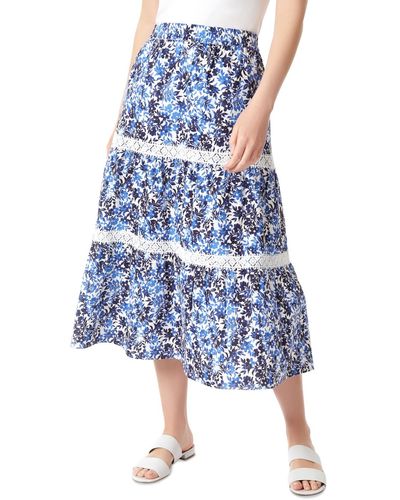 Jones New York Floral-print Lace-trimmed Tiered Pull-on Midi Skirt - Blue