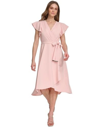 DKNY Flutter-sleeve Tie-waist Faux-wrap Dress - Pink