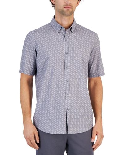 Alfani Alfatech Geometric Print Stretch Button-up Short-sleeve Shirt - Blue