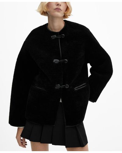 Mango Fur-effect Appliques Coat - Black