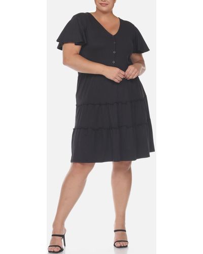 White Mark Plus Size Short Sleeve V-neck Tiered Midi Dress - Black