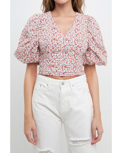 Free the Roses Embroidered Floral Mixed Puff Sleeve Top - Multicolor