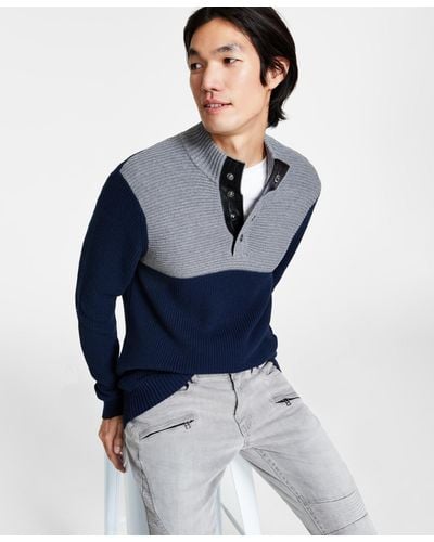 INC International Concepts Regular-fit Colorblocked Textured 1/4-snap Mock-neck Sweater - Blue