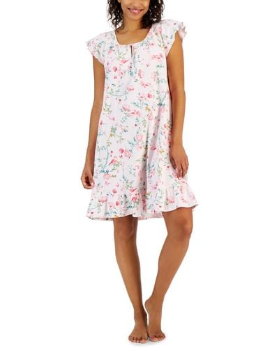 Charter Club Cotton Printed Flutter-sleeve Chemise - White