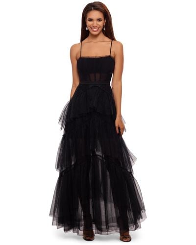 Betsy & Adam Petite Mesh Corset Tiered Gown - Black