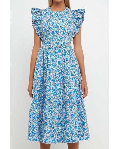 English Factory Floral Back Cut-out Midi Dress - Blue