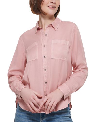 Calvin Klein Petite Roll Tab Sleeve Button-front Top - Pink
