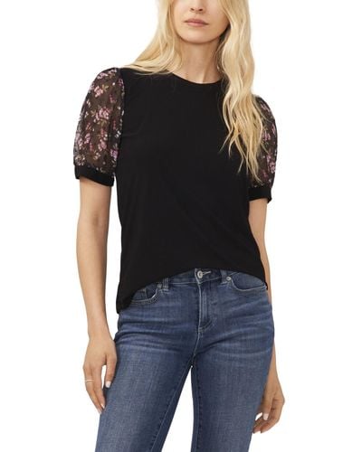 Cece Mixed Media Puff Sleeve Bouquet Knit Top - Black