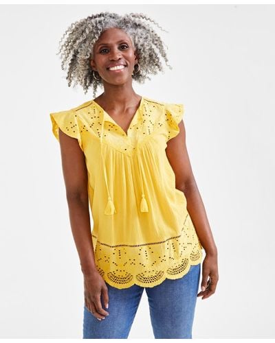 Style & Co. Petite Lace-trim Mixed Media Top - Yellow