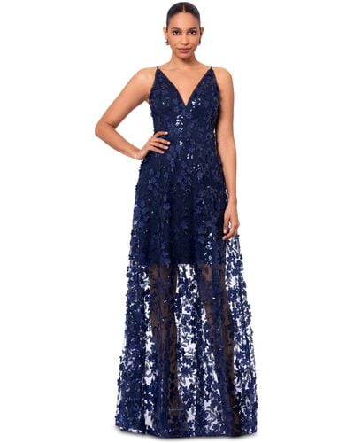 Xscape 3d Floral-applique Sequined Gown - Blue