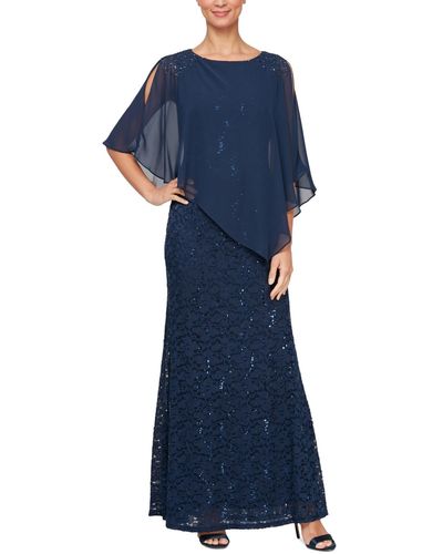 Sl Fashions Sequin Lace Chiffon Caplet Gown - Blue