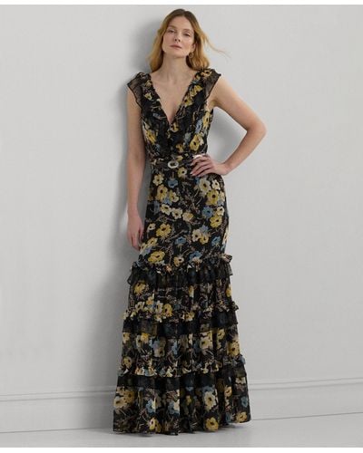 Lauren by Ralph Lauren Tiered Ruffled Floral Gown - Black
