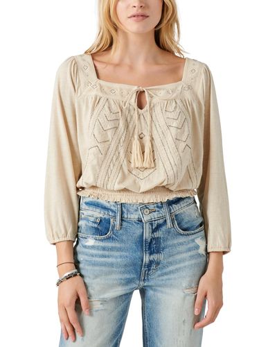 Lucky Brand Beaded Embroidered Peasant Top - Blue