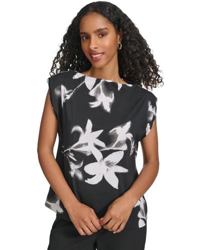 Calvin Klein Floral-print Boat-neck Sleeveless Top - Gray